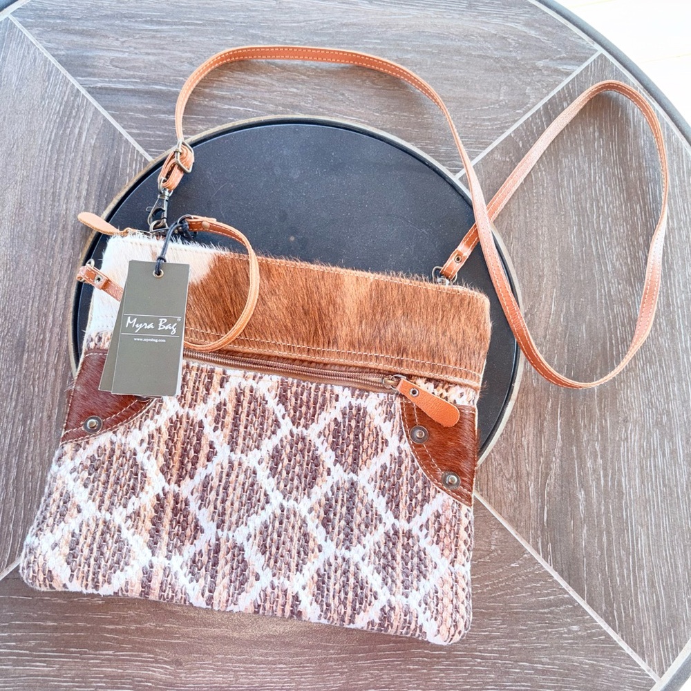 Myra #3306 Lattice Rug Design, Leather, Hairon, Canvas 12"x10" Crossbody Bag